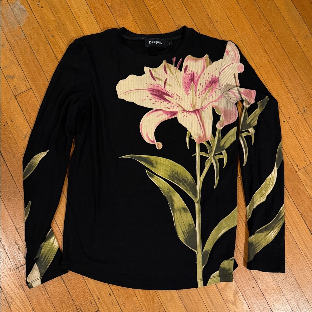 Desigual Black Long-Sleeve Tee with Pink Floral Print